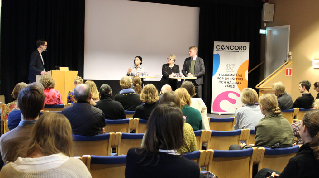 Evin Incir (S), Magnus Ek (C) och Désirée Pethrus (KD) på seminariet Sveriges röst i EU:s bistånd