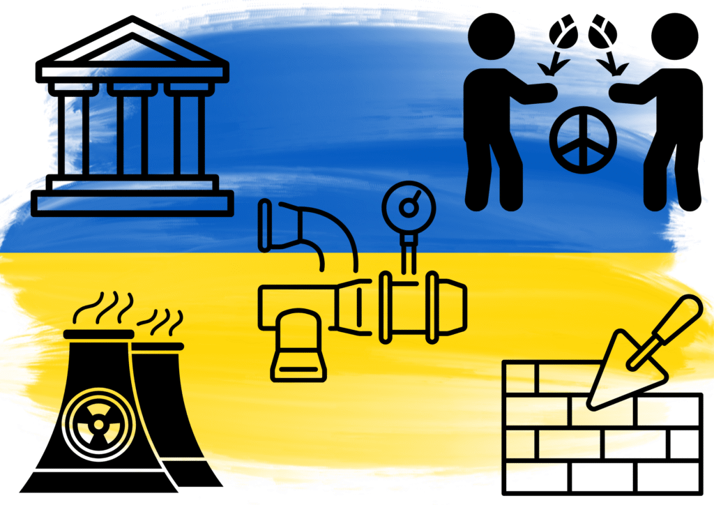 Ukrainsk flagga i bakgrunden, olika symboler för sektorer som Sveriges bistånd går till framför